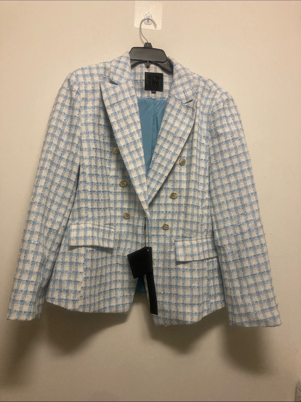 MINA SELF/Light blue & White Tweed Double-Breasted Blazer (NWT)